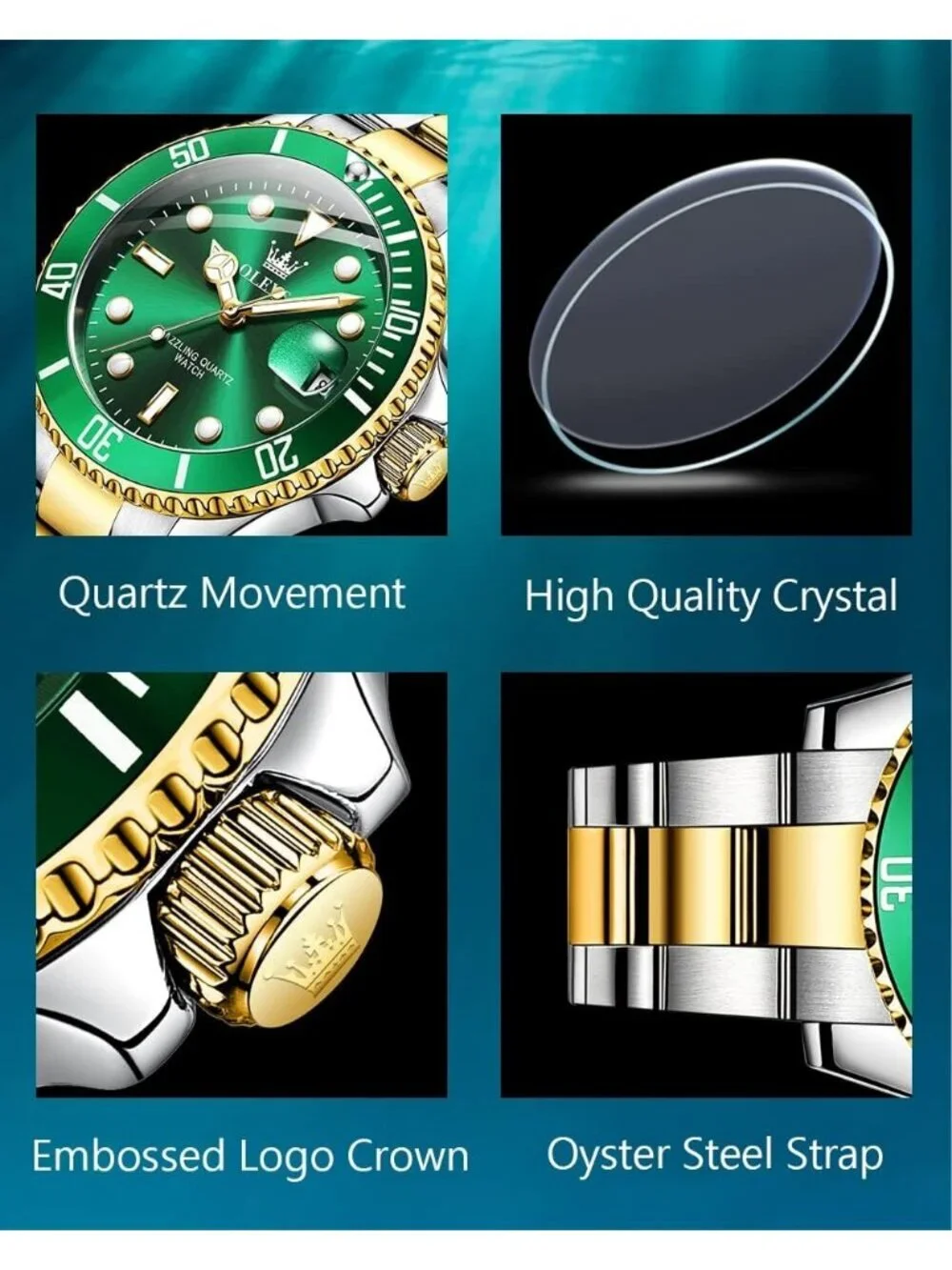 Men's Green Premium Gold and Silver Stainless Analog Rotatable Bezel Steel Watch